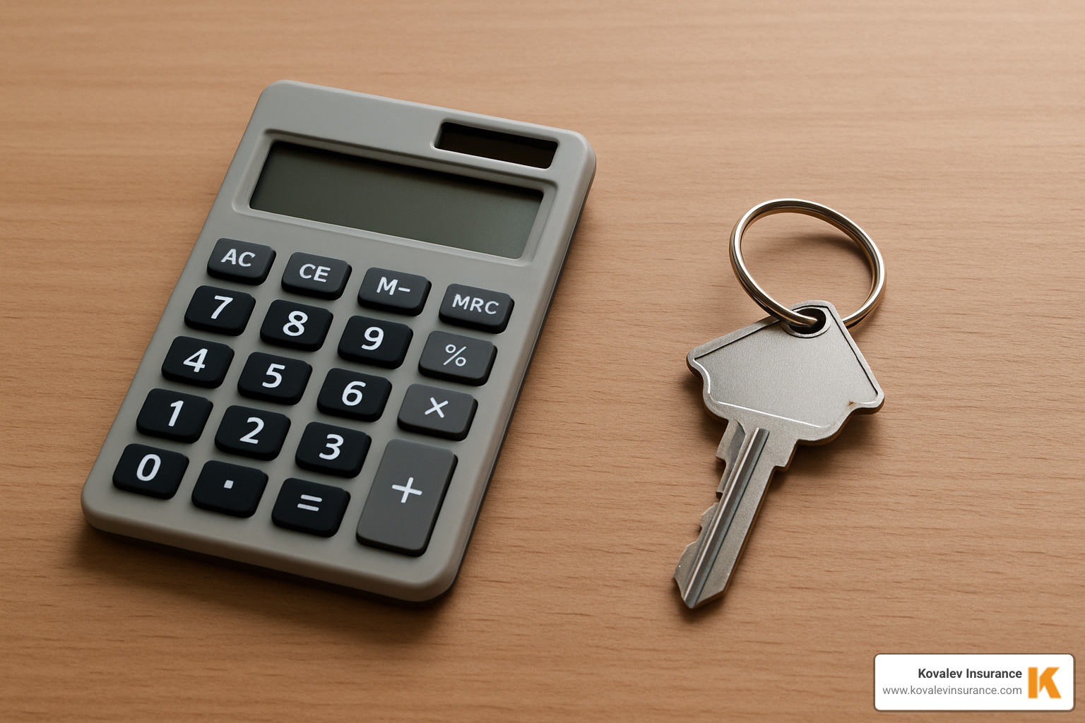 calculator and a house key on a table - massachusetts homeowners insurance policy