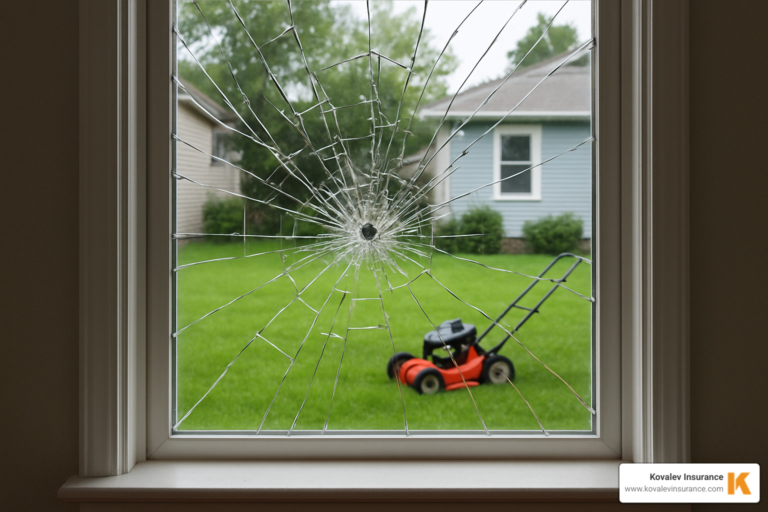 broken window with lawnmower in background - best insurance for lawn care business broken window with lawnmower in background - best insurance for lawn care business