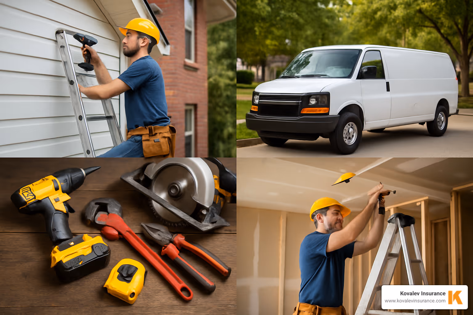 collage of different work scenarios: an employee on a ladder, a work van, and expensive tools - commercial liability insurance for contractors collage of different work scenarios: an employee on a ladder, a work van, and expensive tools - commercial liability insurance for contractors