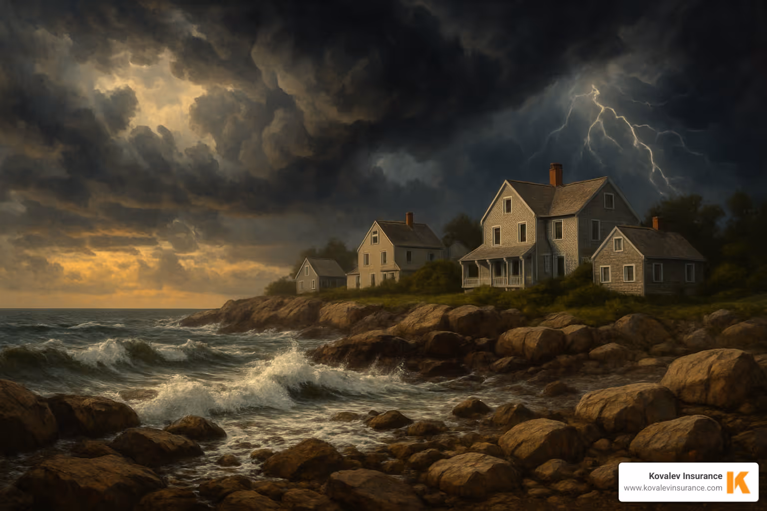 coastal Massachusetts scene with rocky shores and homes, illustrating weather risk factors - homeowners insurance calculator massachusetts