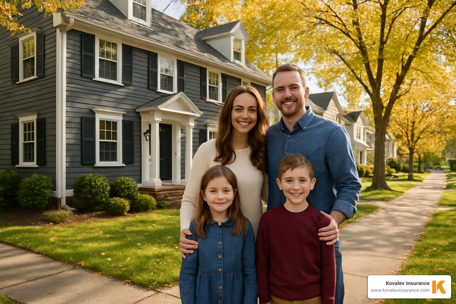 family in front of a home in a classic New England town like Newton or Belmont - mortgage insurance massachusetts