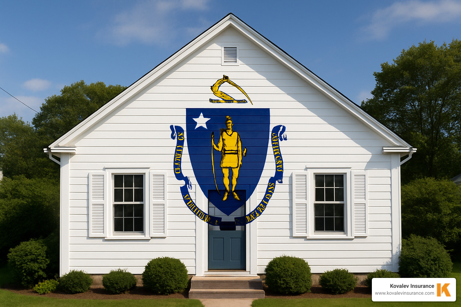 Massachusetts state flag superimposed on a house - mortgage insurance massachusetts