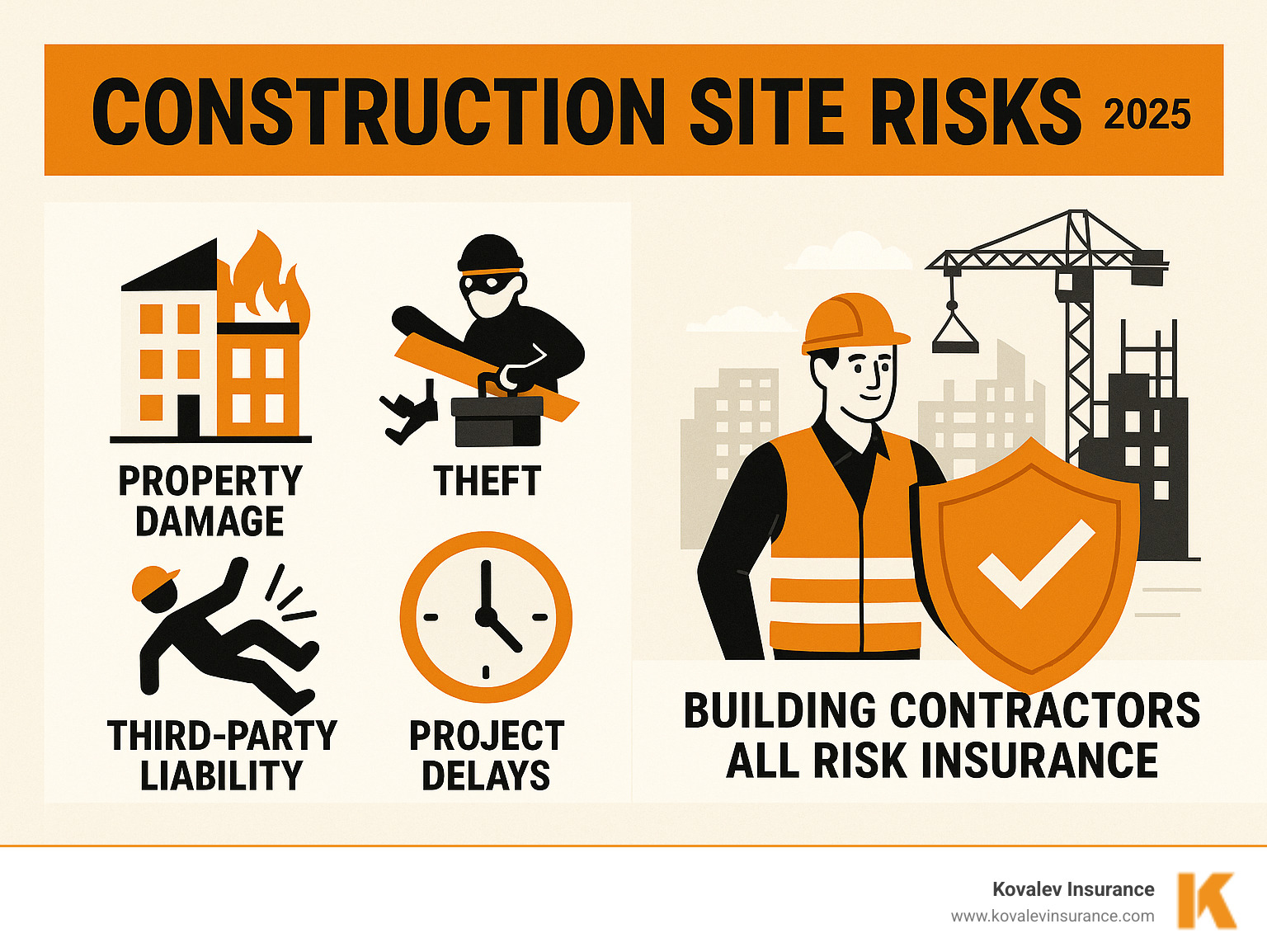 Comprehensive infographic showing construction site risks including property damage from fire and weather, theft of materials and equipment, third-party liability claims from injuries, and financial losses from project delays, with building contractors all risk insurance as the protective solution covering all these exposures - building contractors all risk insurance infographic 