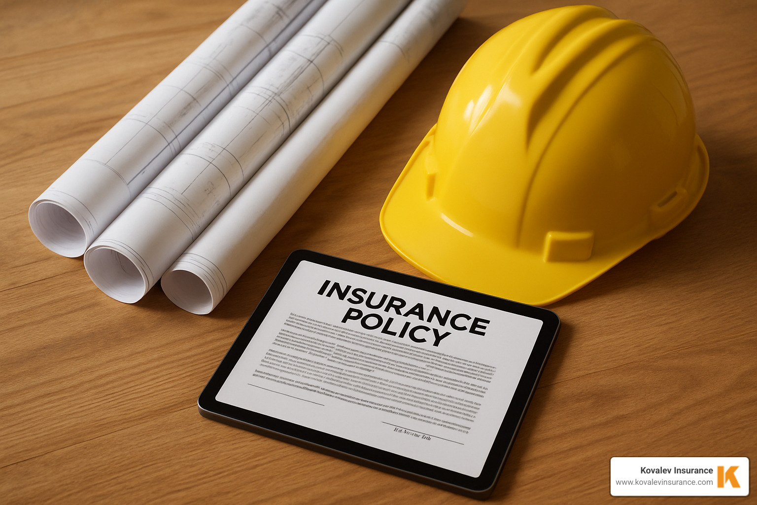 blueprints, a hard hat, and a tablet showing an insurance policy - building contractors all risk insurance