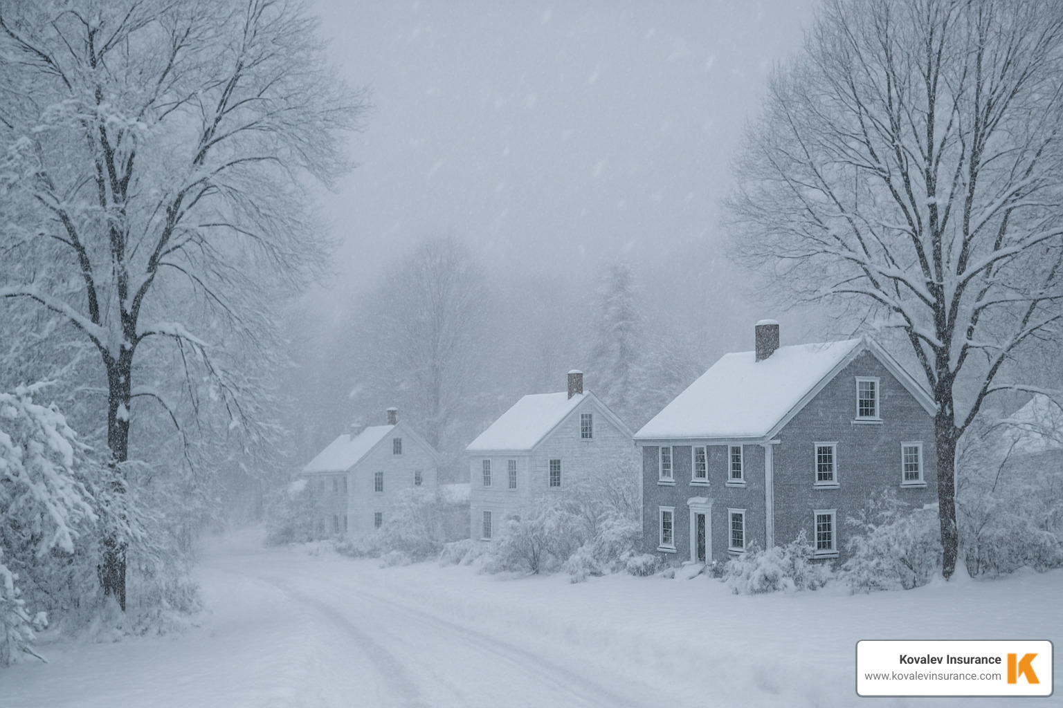 A winter storm scene in Massachusetts with snow-covered trees and houses - homeowners insurance massachusetts reviews A winter storm scene in Massachusetts with snow-covered trees and houses - homeowners insurance massachusetts reviews