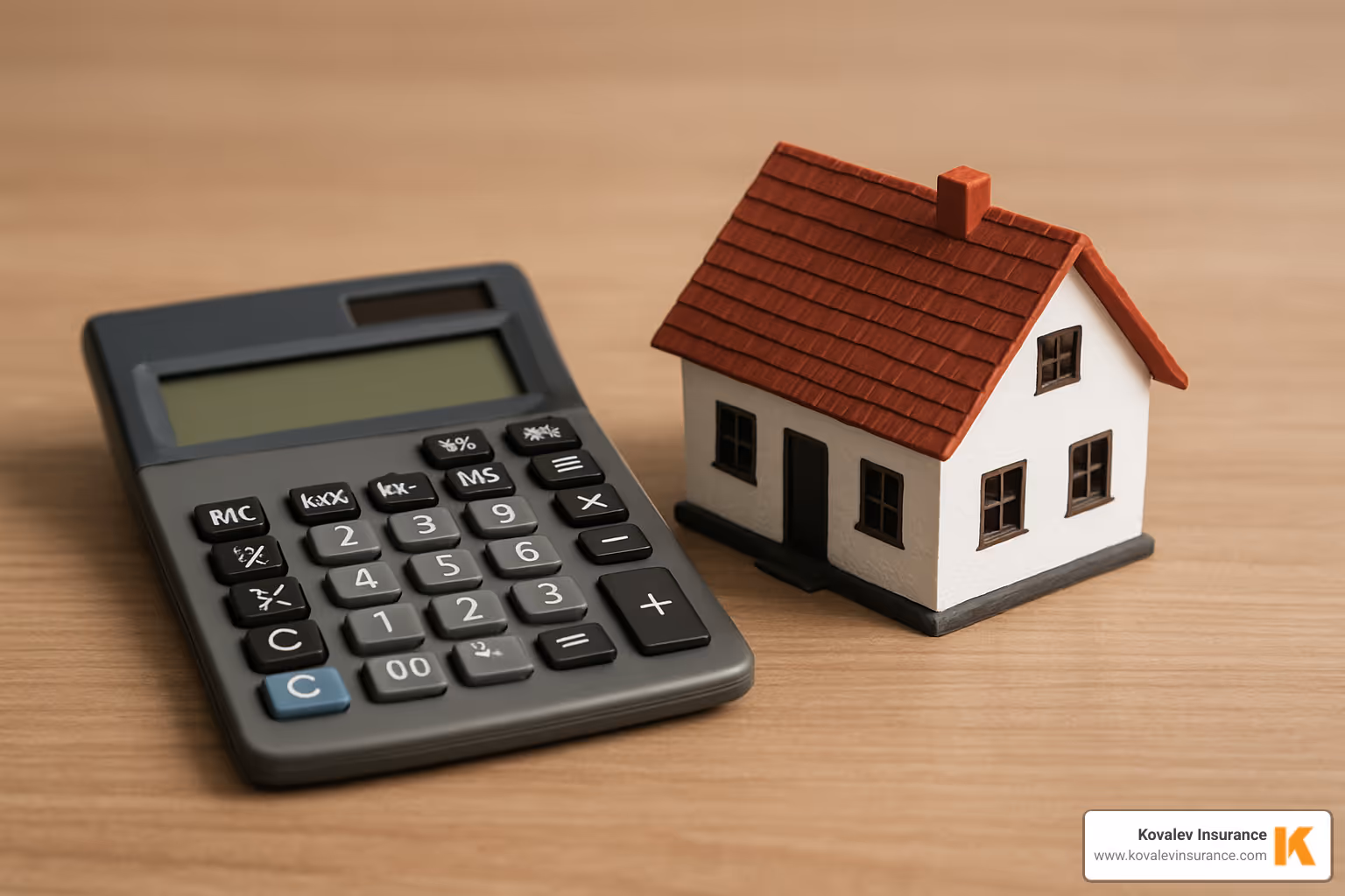 Calculator next to a small model house - massachusetts homeowners insurance quotes