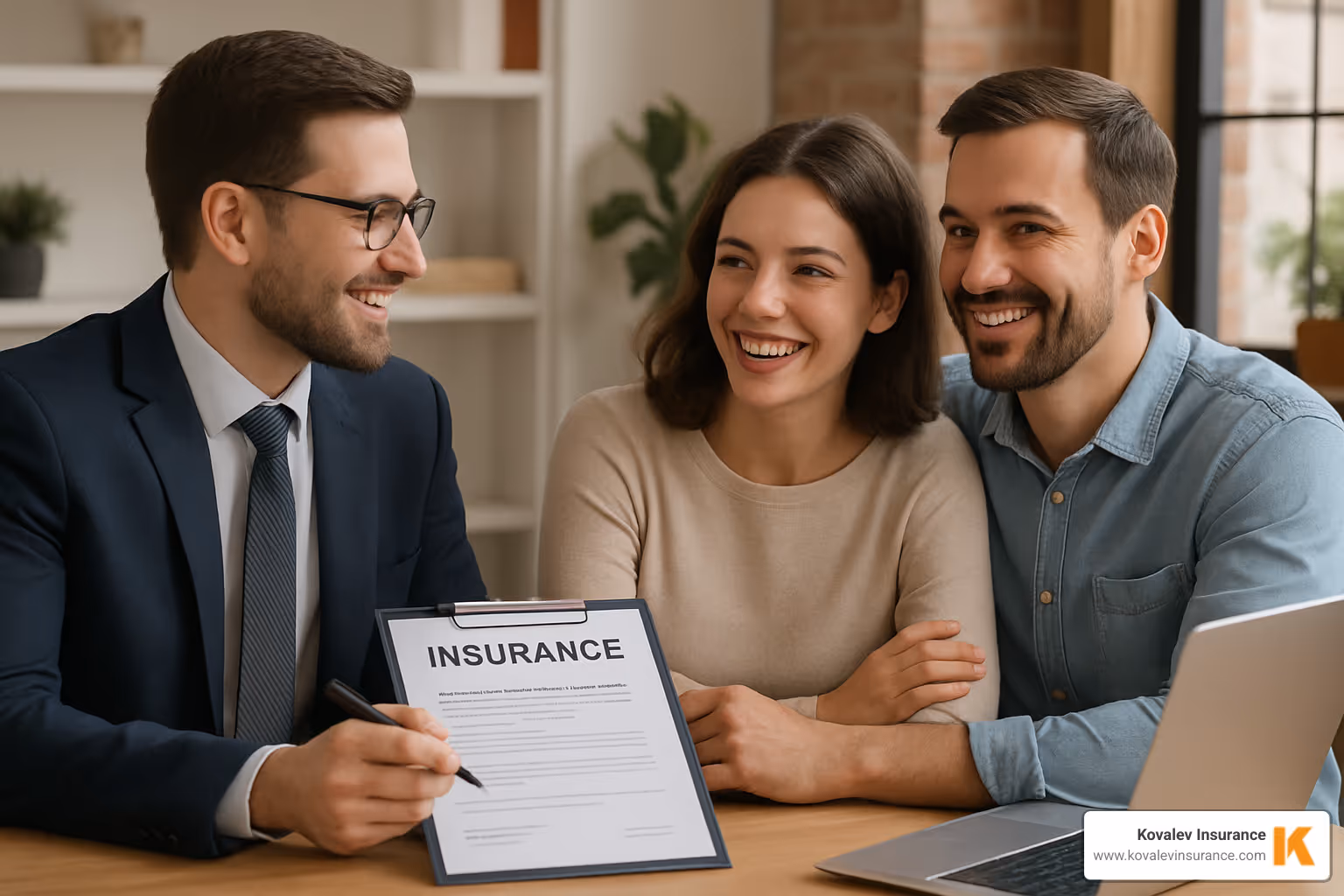 A friendly, professional insurance agent sitting at a table with a happy couple, discussing insurance options with a warm and reassuring demeanor - homeowners insurance worcester ma