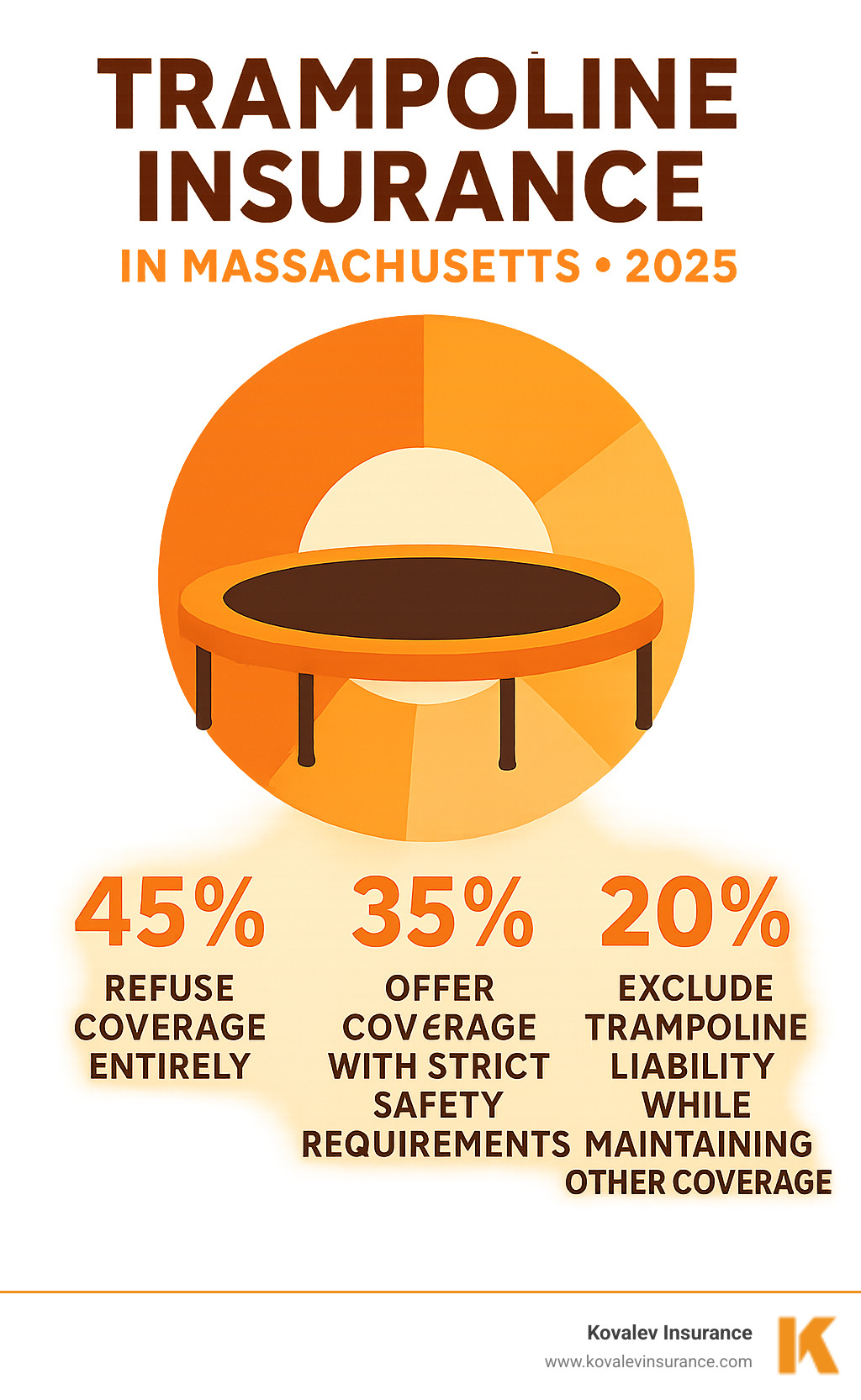 Infographic showing the three main insurance company responses to trampolines: 45% refuse coverage entirely, 35% offer coverage with strict safety requirements, and 20% exclude trampoline liability while maintaining other coverage - trampoline insurance massachusetts infographic Infographic showing the three main insurance company responses to trampolines: 45% refuse coverage entirely, 35% offer coverage with strict safety requirements, and 20% exclude trampoline liability while maintaining other coverage - trampoline insurance massachusetts infographic