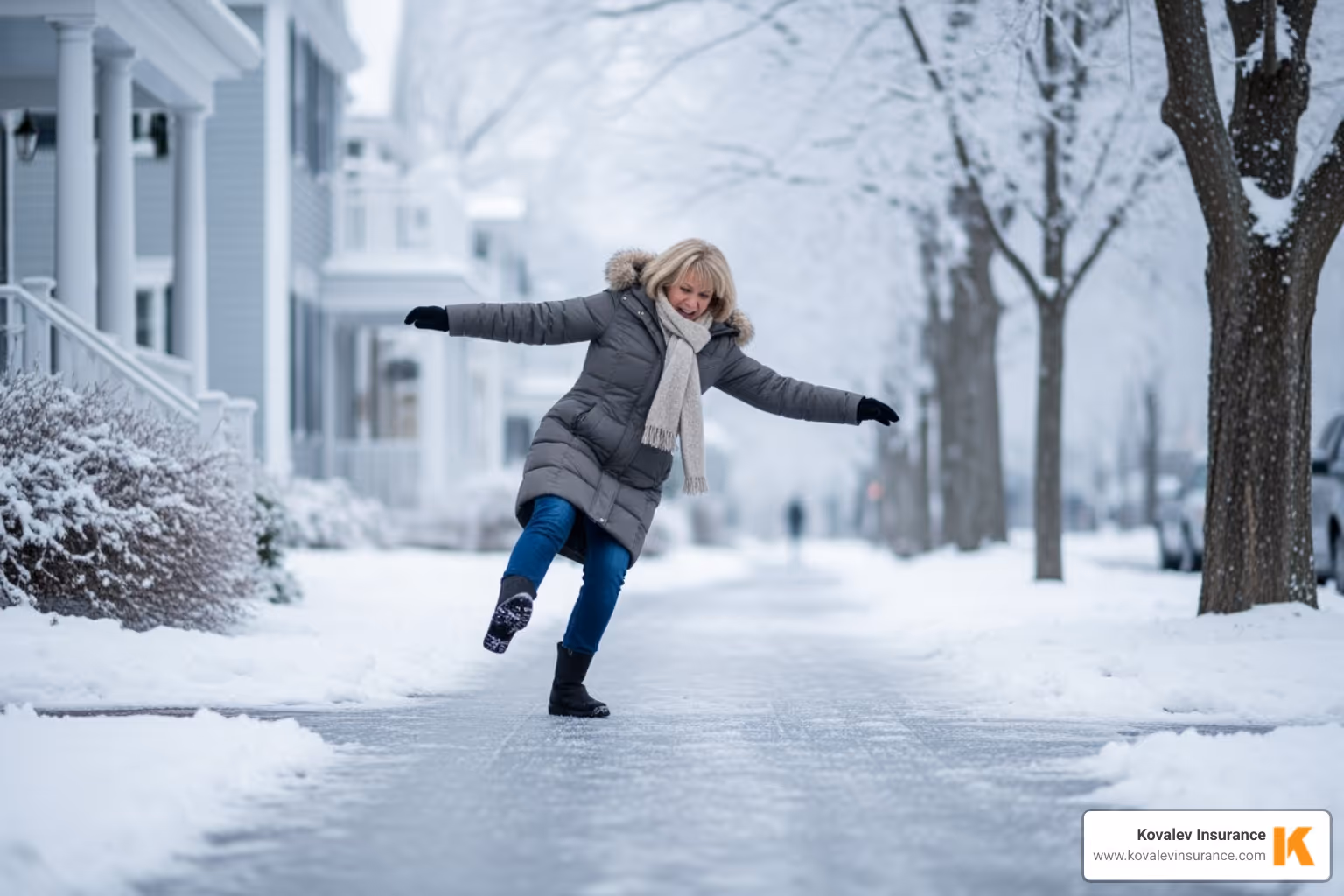 A person slipping on an icy walkway in a New England winter setting - what is residentionsal insurance A person slipping on an icy walkway in a New England winter setting - what is residentionsal insurance