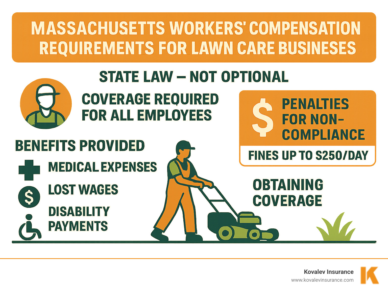 Infographic showing Massachusetts workers' compensation requirements for lawn care businesses, including mandatory coverage for all employees, benefits provided (medical expenses, lost wages, disability payments), penalty amounts for non-compliance, and the process for obtaining coverage. The graphic emphasizes that this is state law, not optional, for any business with employees. - business insurance for lawn care infographic 