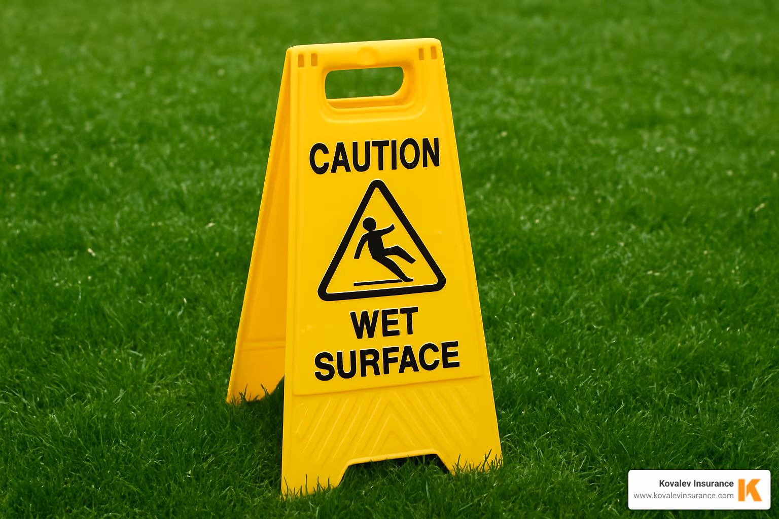 slip and fall warning sign on wet lawn - business insurance for lawn care slip and fall warning sign on wet lawn - business insurance for lawn care