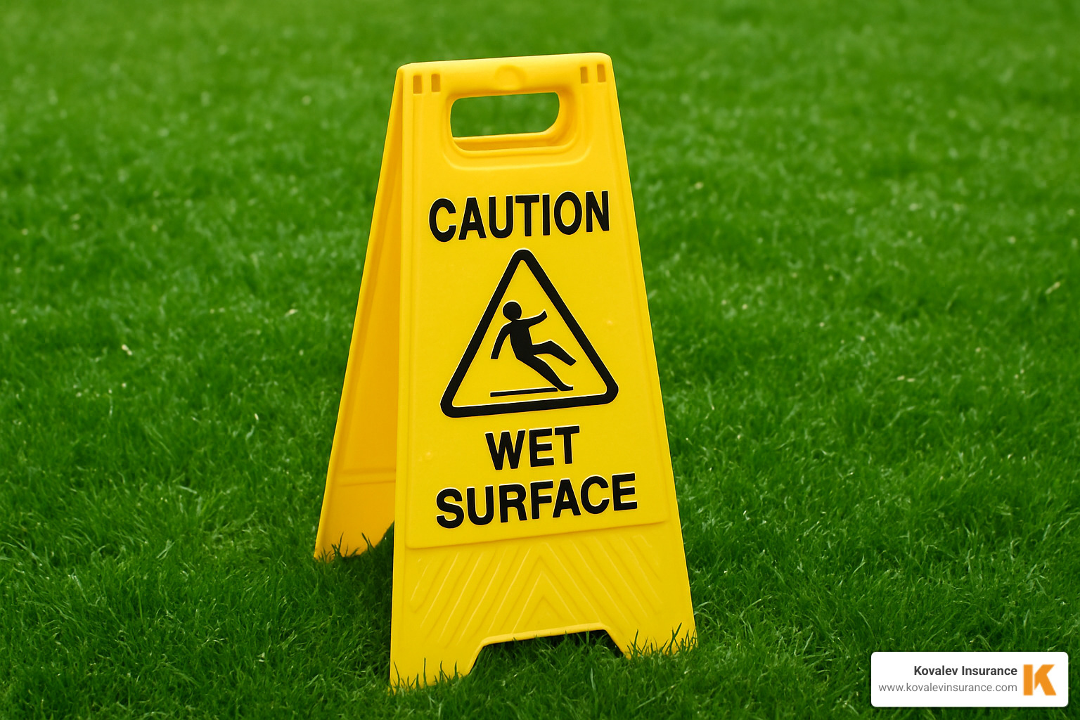 slip and fall warning sign on wet lawn - business insurance for lawn care