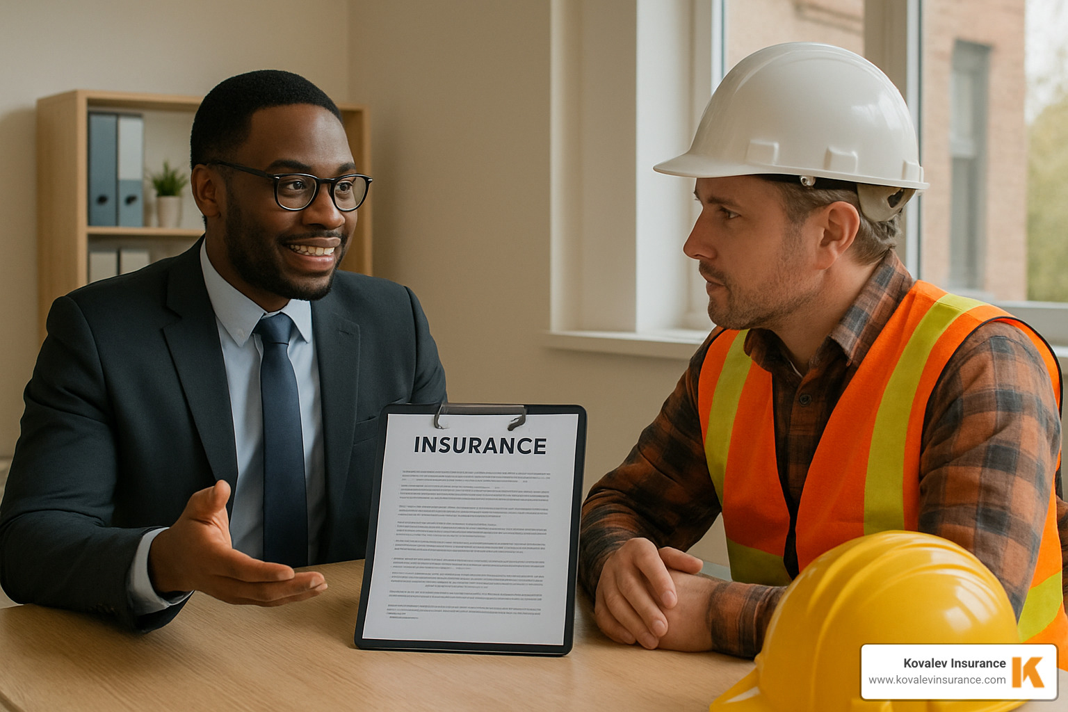 insurance agent discussing a policy with a contractor - contractors plant and machinery insurance