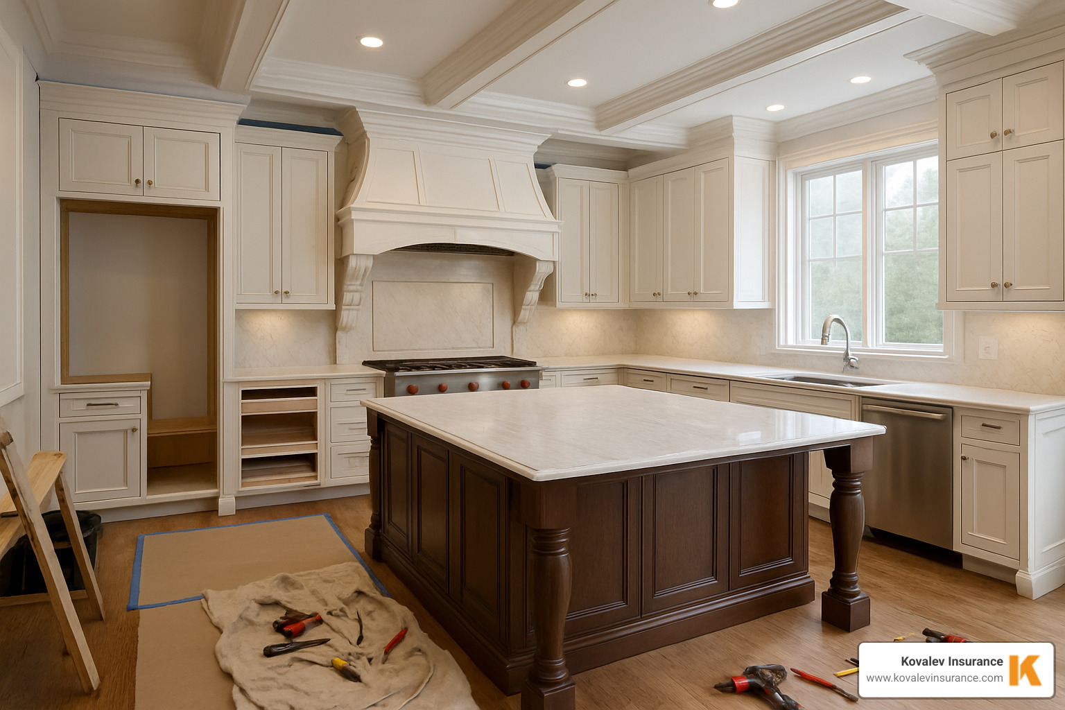 High-end kitchen renovation in progress in a Wellesley home showing detailed craftsmanship - contractors errors and omissions coverage High-end kitchen renovation in progress in a Wellesley home showing detailed craftsmanship - contractors errors and omissions coverage