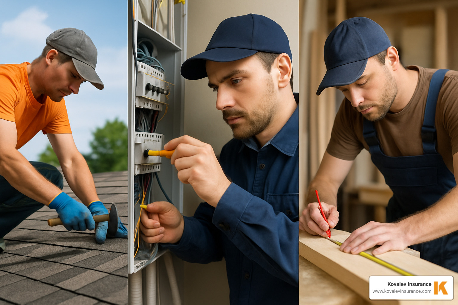 Various artisan contractors at work: a roofer installing shingles, an electrician working on a panel, and a carpenter measuring lumber - contractors errors and omissions coverage Various artisan contractors at work: a roofer installing shingles, an electrician working on a panel, and a carpenter measuring lumber - contractors errors and omissions coverage