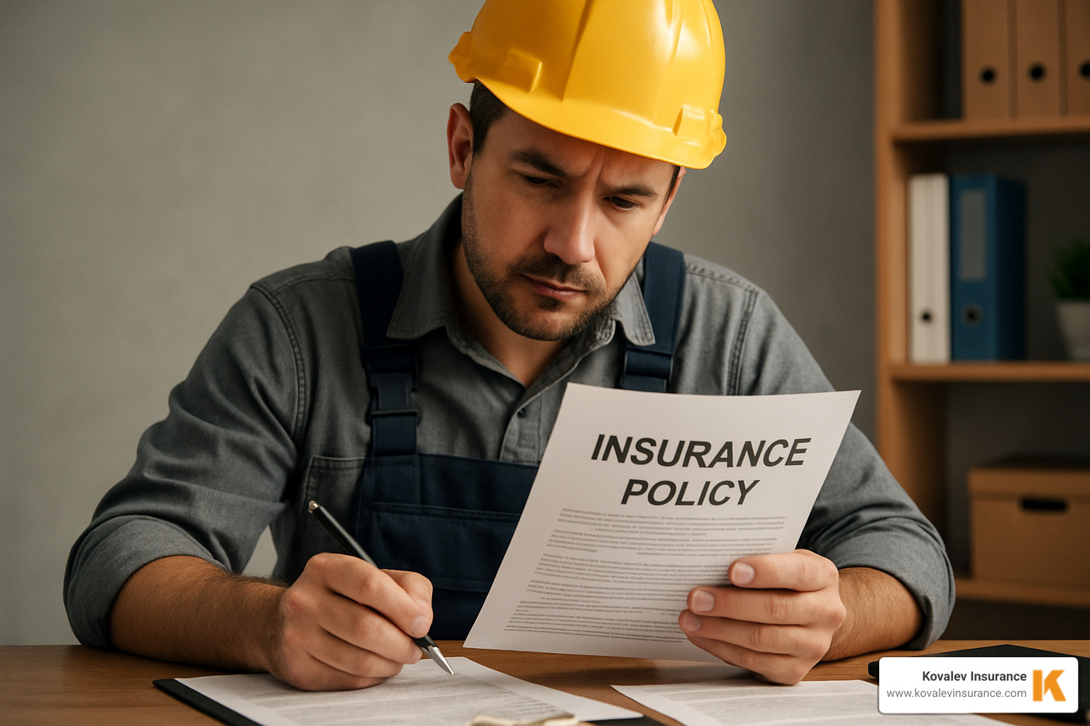 Contractor reviewing insurance policy documents at desk - personal liability insurance for contractors