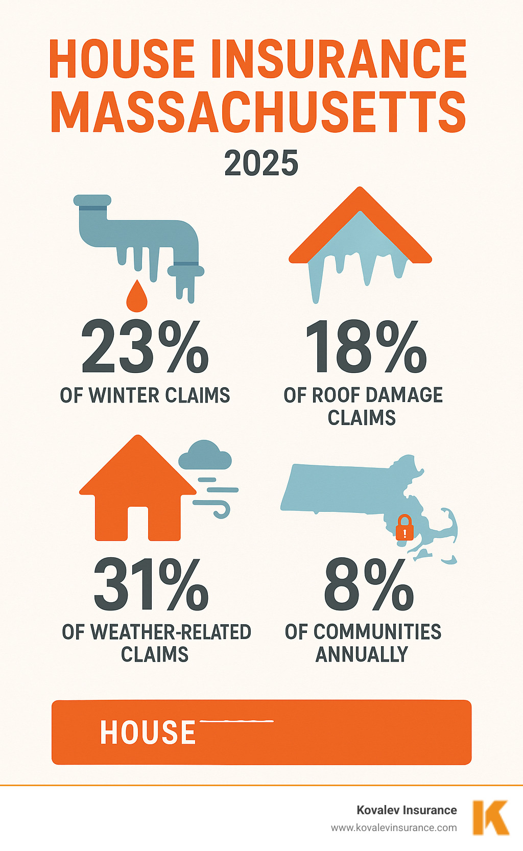 Infographic showing Massachusetts home insurance claim statistics: Frozen pipes account for 23% of winter claims, ice dams cause 18% of roof damage claims, wind damage represents 31% of weather-related claims, and theft claims occur in 8% of Massachusetts communities annually - house insurance massachusetts infographic Infographic showing Massachusetts home insurance claim statistics: Frozen pipes account for 23% of winter claims, ice dams cause 18% of roof damage claims, wind damage represents 31% of weather-related claims, and theft claims occur in 8% of Massachusetts communities annually - house insurance massachusetts infographic