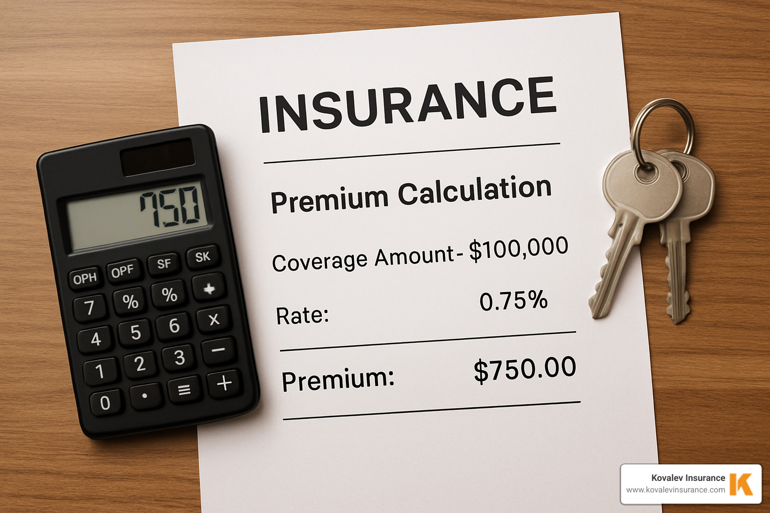 Calculator and keys next to an insurance document showing premium calculations. - commercial auto insurance for contractors