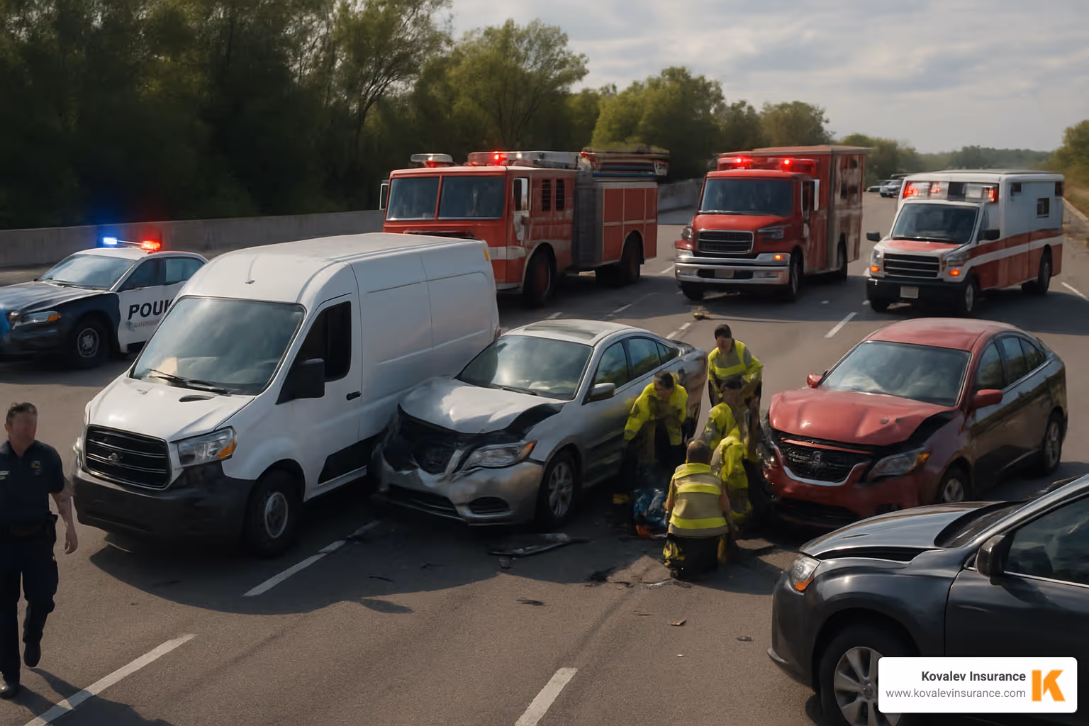 Multi-car accident involving a commercial van with emergency responders on scene. - commercial auto insurance for contractors