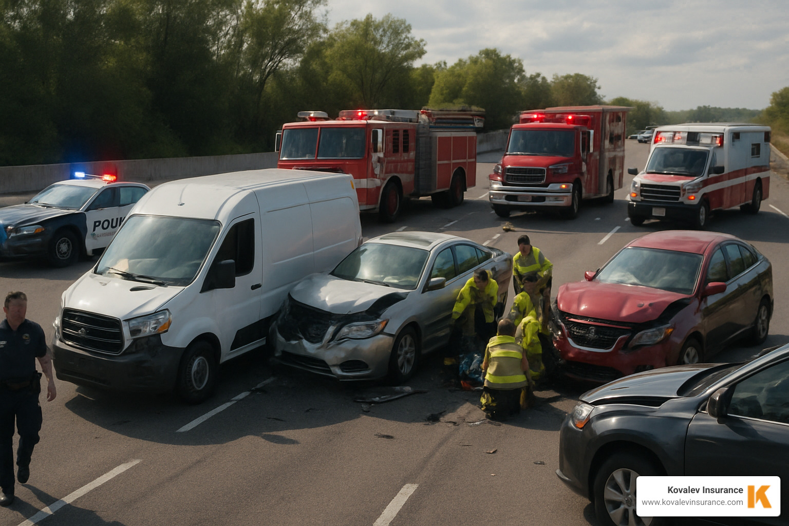 Multi-car accident involving a commercial van with emergency responders on scene. - commercial auto insurance for contractors