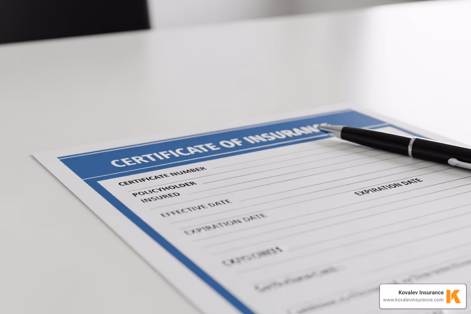 Certificate of insurance document on a desk with policy details and expiration date fields, representing business insurance for painters coverage