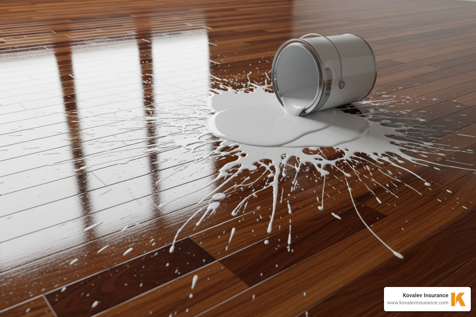 A paint can spilled on an expensive hardwood floor - painting contractor insurance