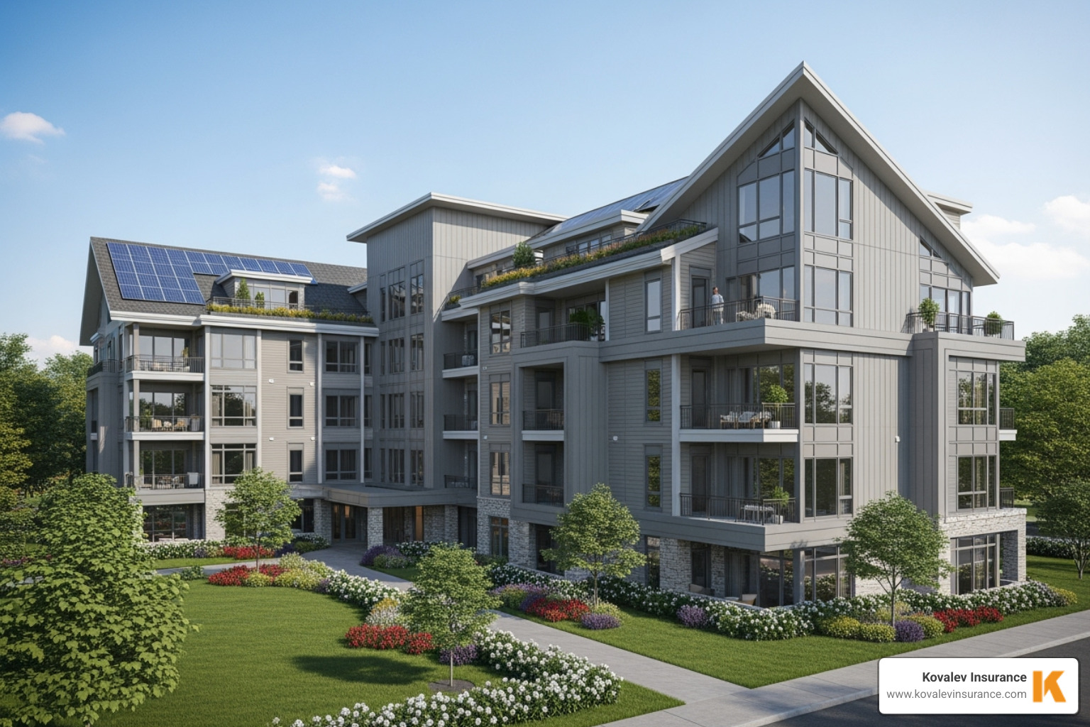 Modern gray multi-family residential building with balconies, solar panels, and professional landscaping - condo insurance in massachusetts concept
