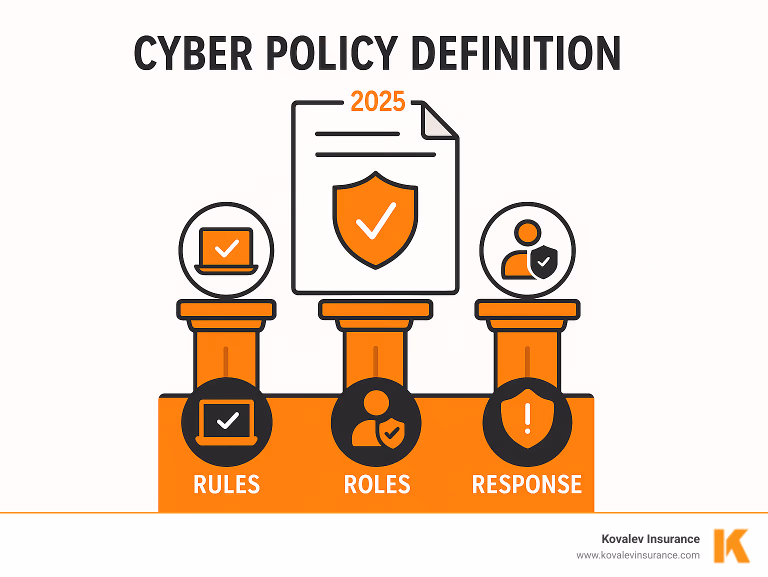 Infographic showing the three pillars of cyber policy: Rules for technology use and data handling, Roles defining who is responsible for what security measures, and Response procedures for when incidents occur - cyber policy definition infographic Infographic showing the three pillars of cyber policy: Rules for technology use and data handling, Roles defining who is responsible for what security measures, and Response procedures for when incidents occur - cyber policy definition infographic
