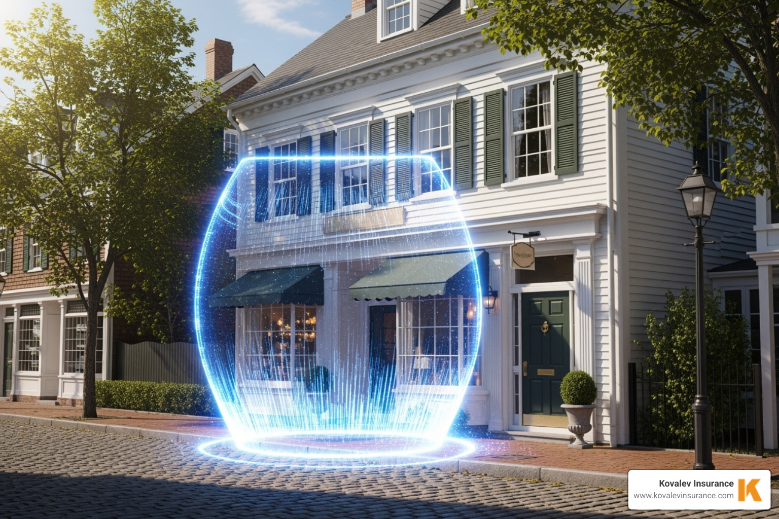 small business storefront in a New England style, with a digital shield protecting it - cyber policy definition small business storefront in a New England style, with a digital shield protecting it - cyber policy definition