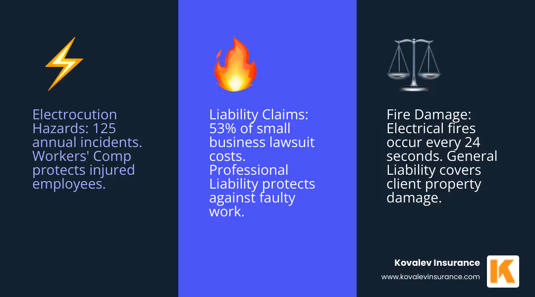 Infographic showing the top 3 electrical contractor risks: electrocution hazards with 125 annual incidents, fire damage with electrical fires occurring every 24 seconds, and liability claims representing 53% of small business lawsuit costs, alongside corresponding insurance solutions including workers' compensation, general liability, and professional liability coverage - electrical contractor insurance infographic 3_facts_emoji_blue Infographic showing the top 3 electrical contractor risks: electrocution hazards with 125 annual incidents, fire damage with electrical fires occurring every 24 seconds, and liability claims representing 53% of small business lawsuit costs, alongside corresponding insurance solutions including workers' compensation, general liability, and professional liability coverage - electrical contractor insurance infographic 3_facts_emoji_blue