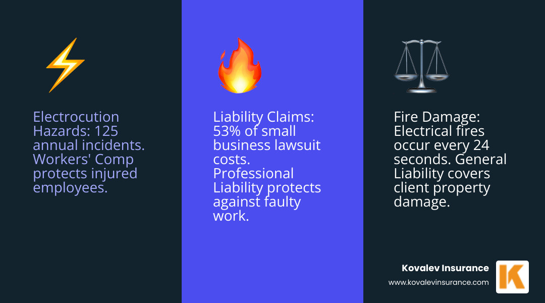 Infographic showing the top 3 electrical contractor risks: electrocution hazards with 125 annual incidents, fire damage with electrical fires occurring every 24 seconds, and liability claims representing 53% of small business lawsuit costs, alongside corresponding insurance solutions including workers' compensation, general liability, and professional liability coverage - electrical contractor insurance infographic 3_facts_emoji_blue
