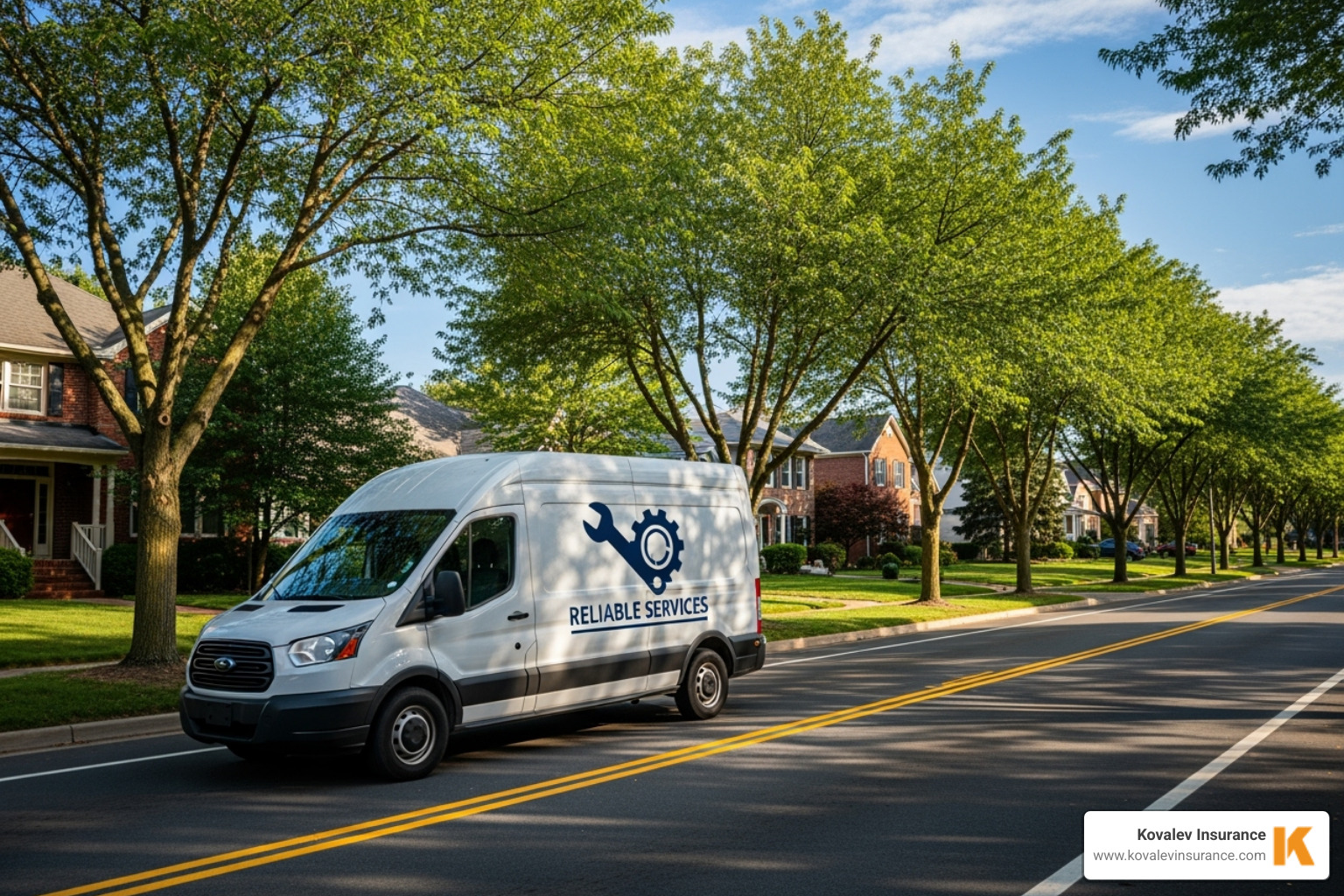 a commercial van with a business logo driving through a town like Newton or Brookline - electrical contractor insurance