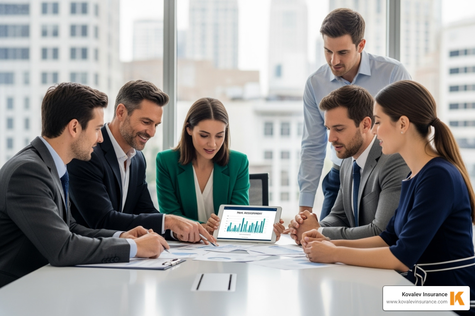 insurance agency team at desk looking at chart on a tablet- best commercial insurance specialist in massachusetts concept