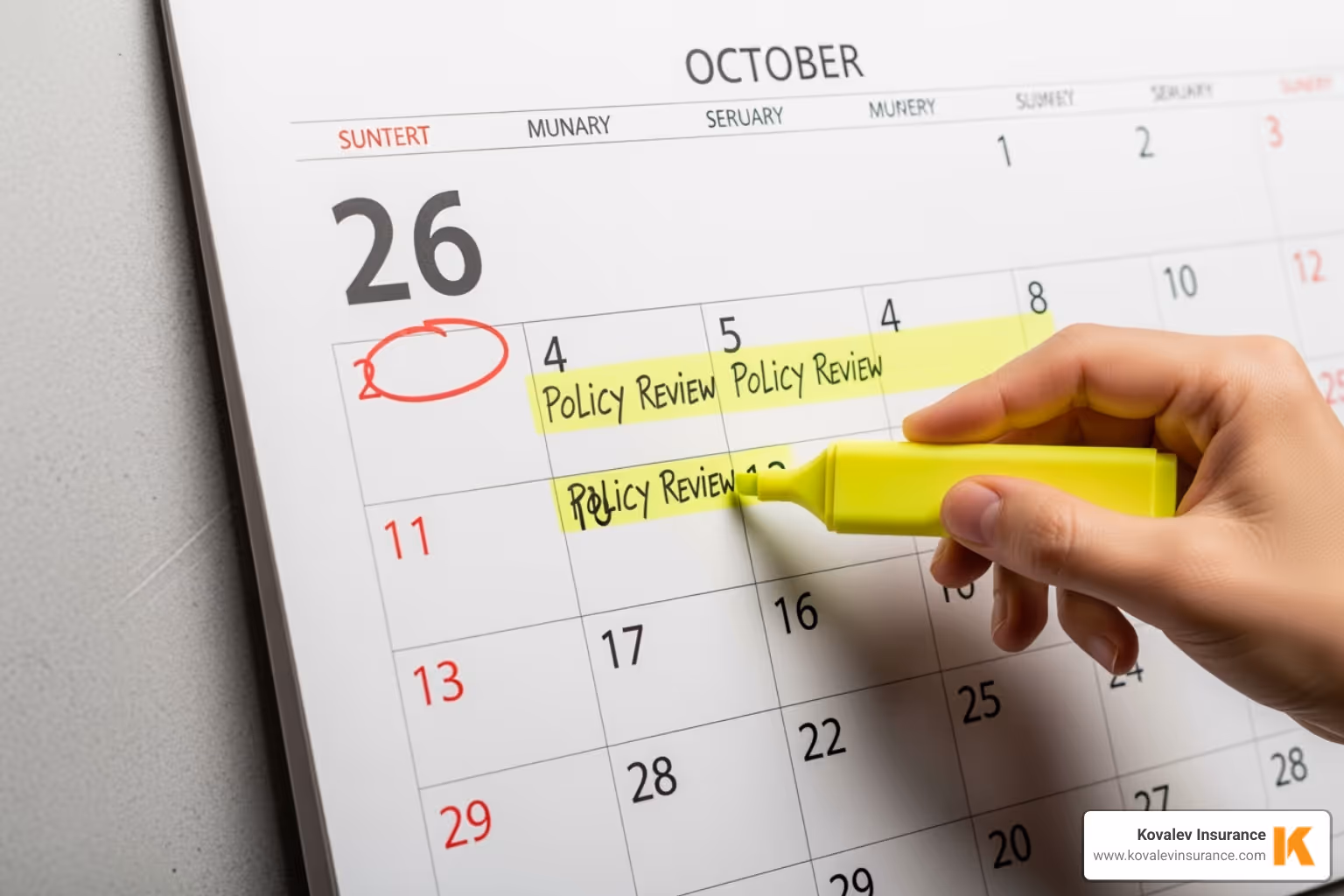 A calendar with an annual "Insurance Policy Review" reminder highlighted. - commercial insurance specialists