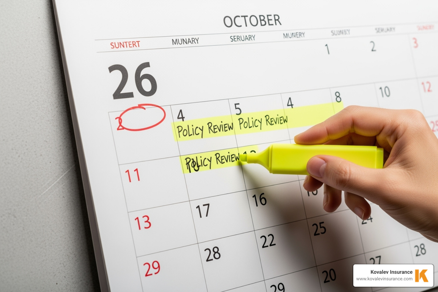 A calendar with an annual "Insurance Policy Review" reminder highlighted. - commercial insurance specialists