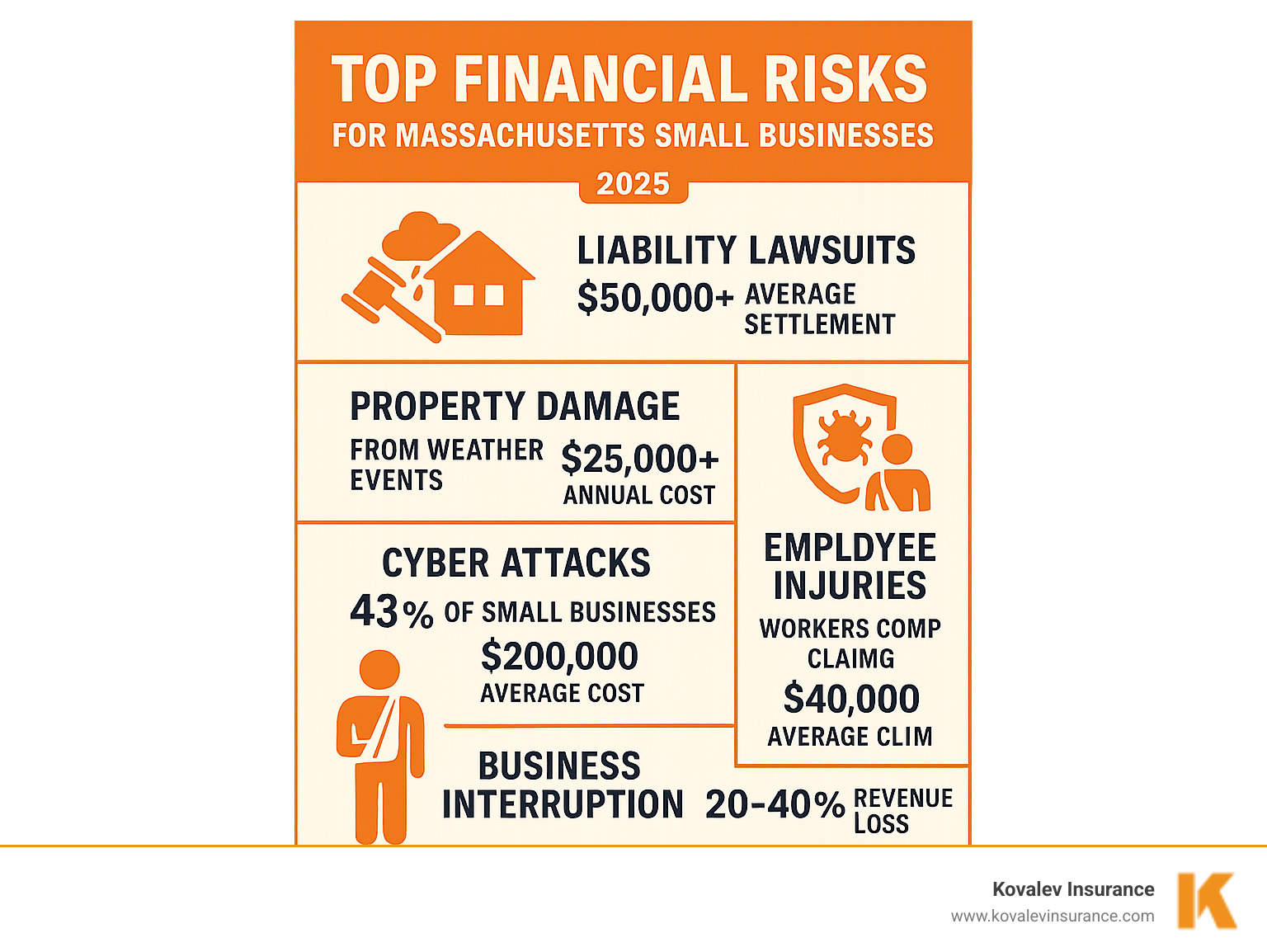 Infographic showing the top 5 financial risks for Massachusetts small businesses: liability lawsuits averaging $50,000+ in settlements, property damage from weather events costing $25,000+ annually, cyber attacks affecting 43% of small businesses with average costs of $200,000, employee injuries leading to workers compensation claims averaging $40,000, and business interruption events causing revenue losses of 20-40% during closure periods - commercial insurance specialists infographic 