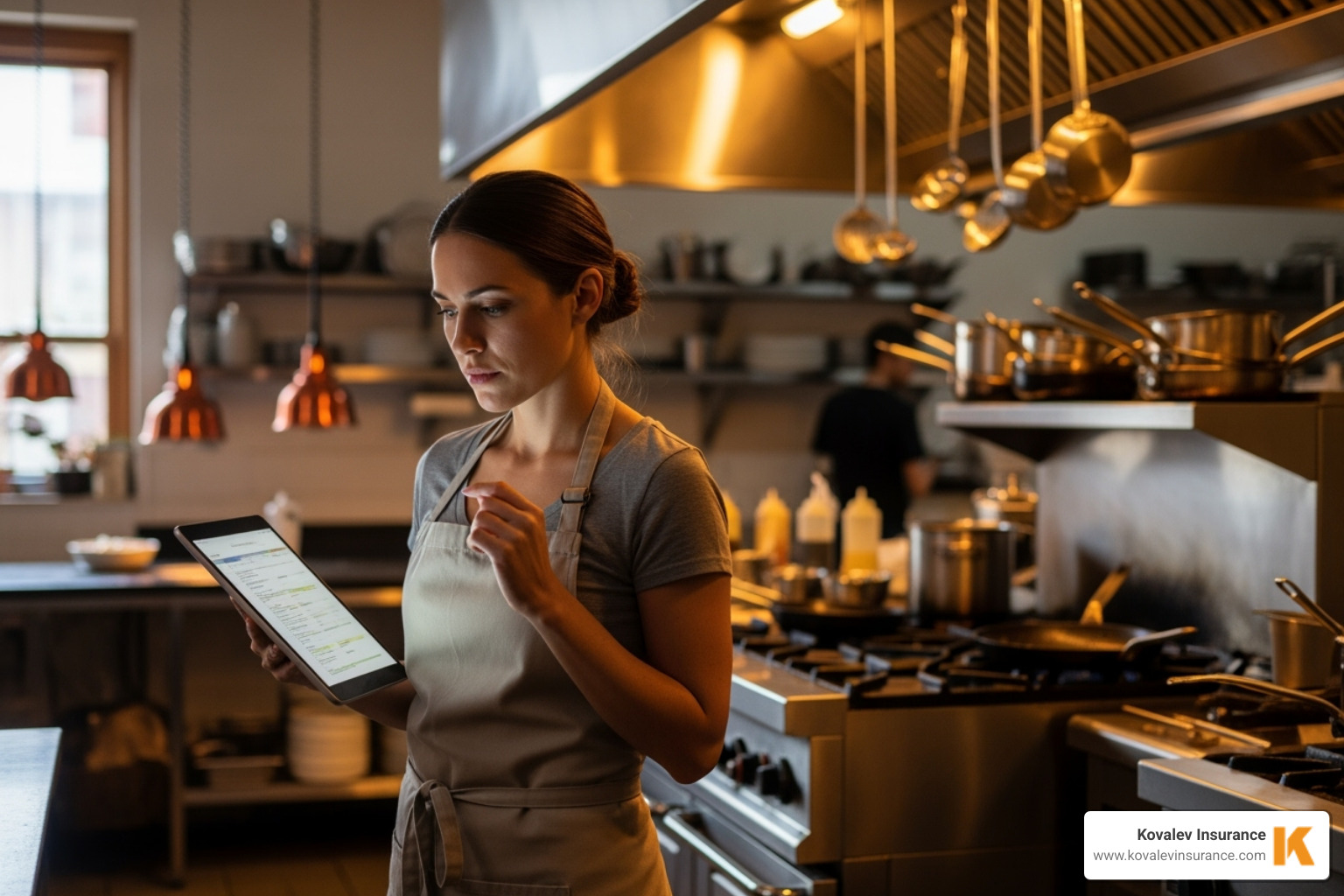 A business owner in a kitchen, looking at a tablet with a thoughtful expression. - commercial insurance specialists