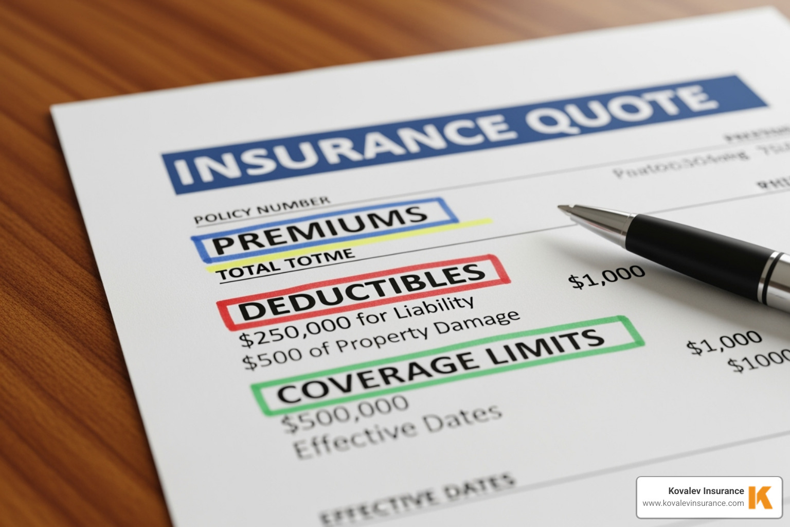 A sample insurance quote with key sections highlighted, showing premiums, deductibles, and coverage limits. - commercial insurance specialists