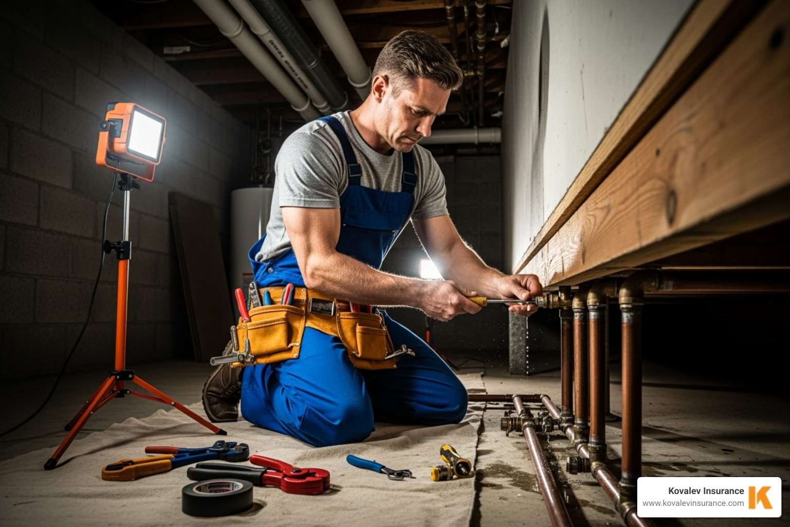 plumber working underneath a house with worklight - professional liability insurnace for plumbers in massachusetts concept