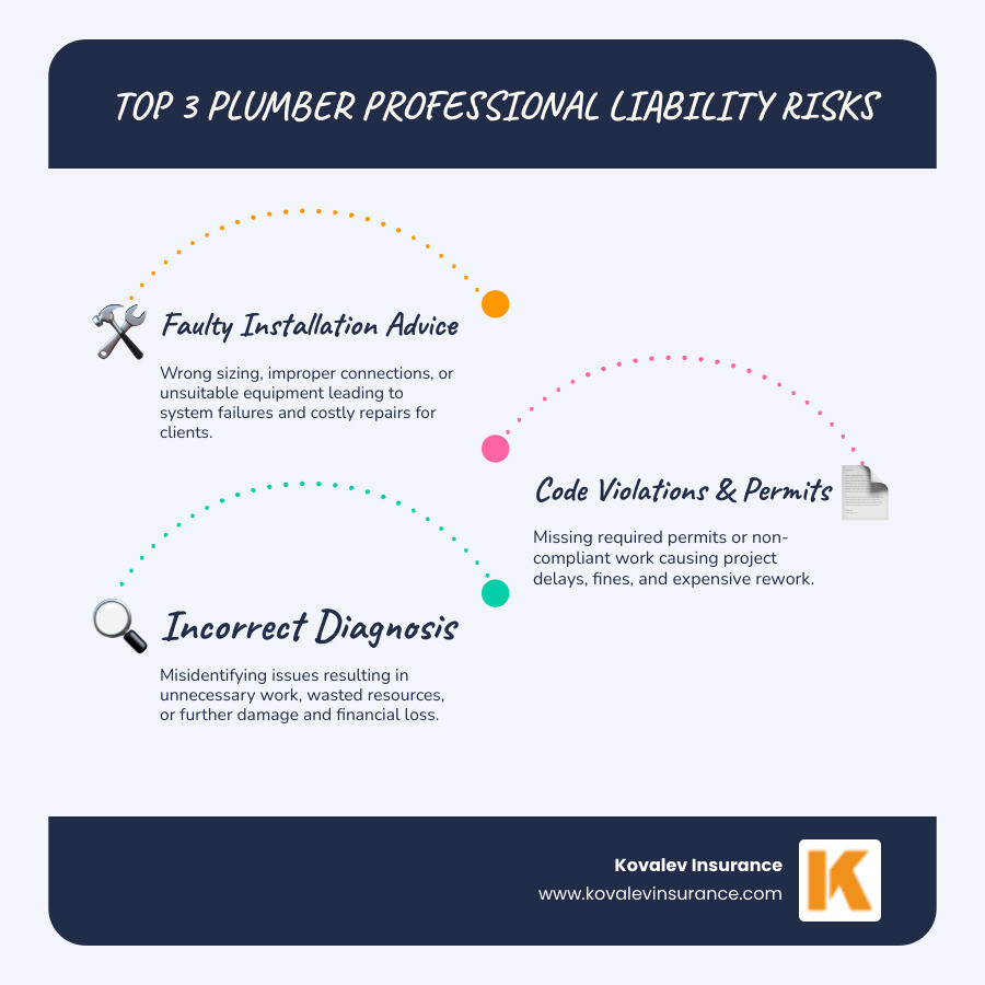 Infographic showing the top 3 risks plumbers face: 1) Faulty installation advice leading to system failures and costly repairs, 2) Code violations and permit issues causing project delays and fines, 3) Incorrect diagnosis of plumbing problems resulting in unnecessary work and client financial losses - plumber professional liability infographic infographic-line-3-steps-blues-accent_colors