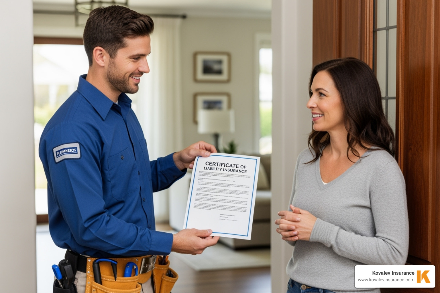 Plumber confidently showing a certificate of insurance to a homeowner - plumber professional liability