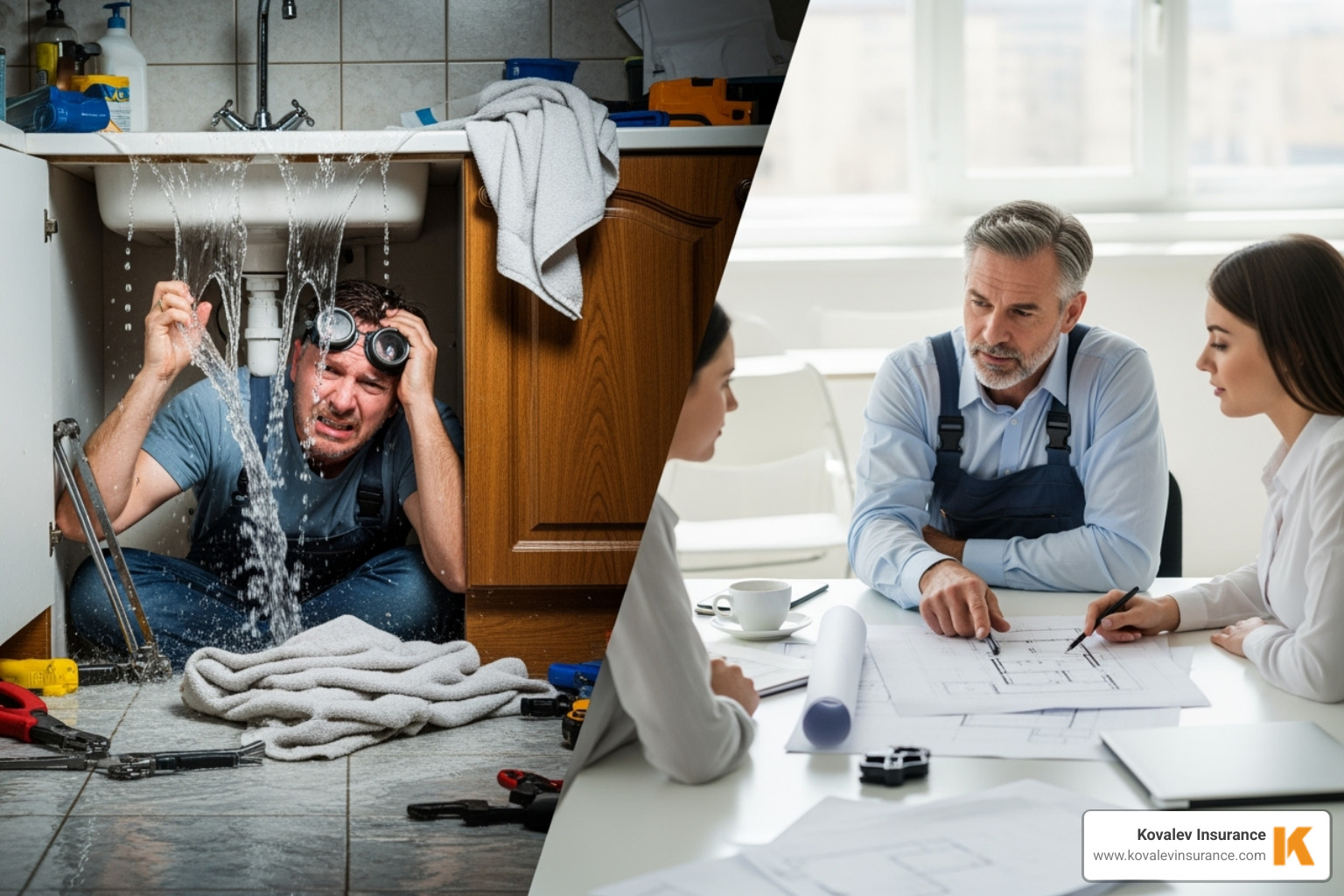 Split screen showing a plumber accidentally causing water damage vs. a client reviewing blueprints with a plumber - plumber professional liability
