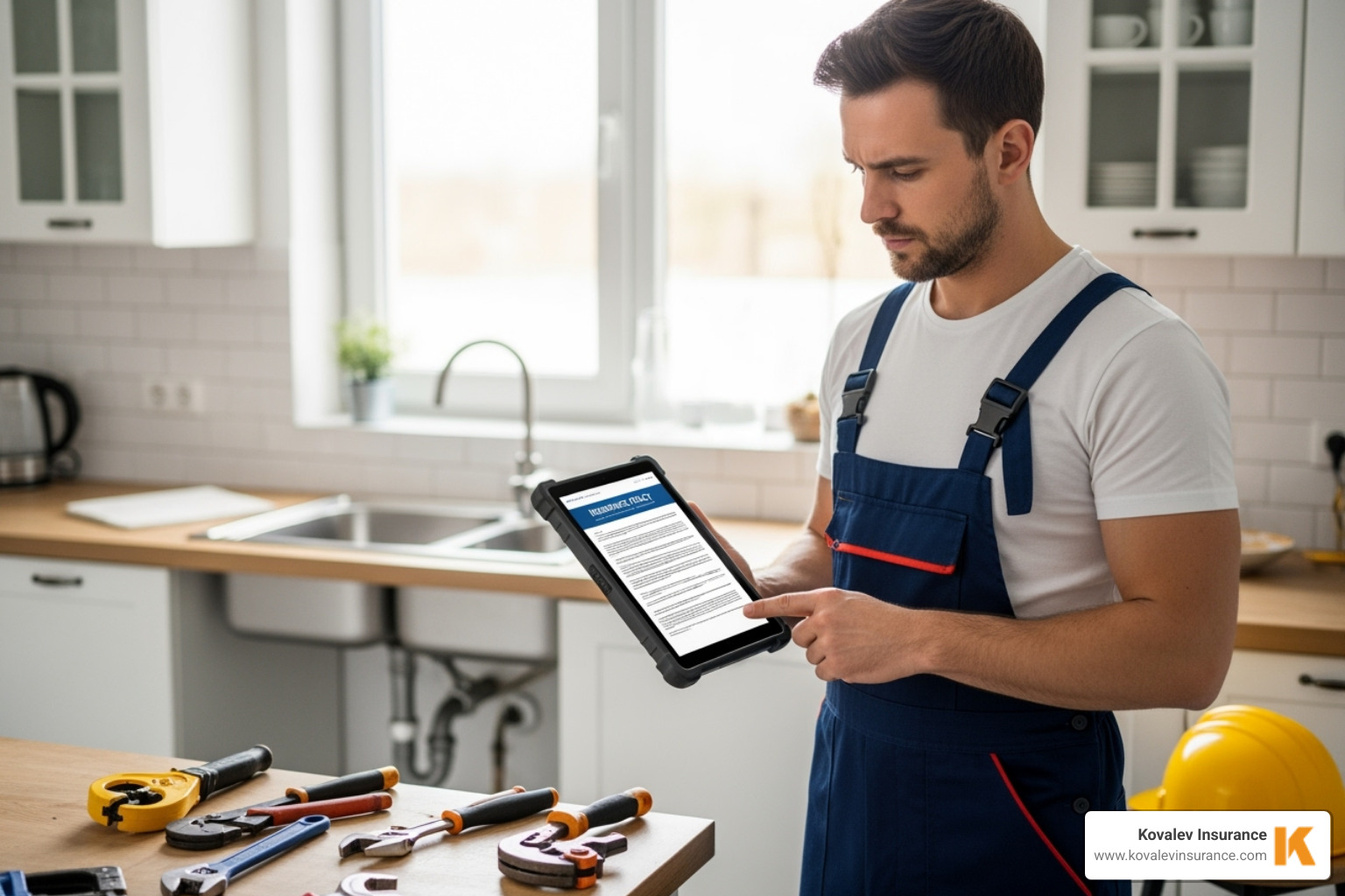 Plumber reviewing an insurance policy on a tablet - plumber professional liability
