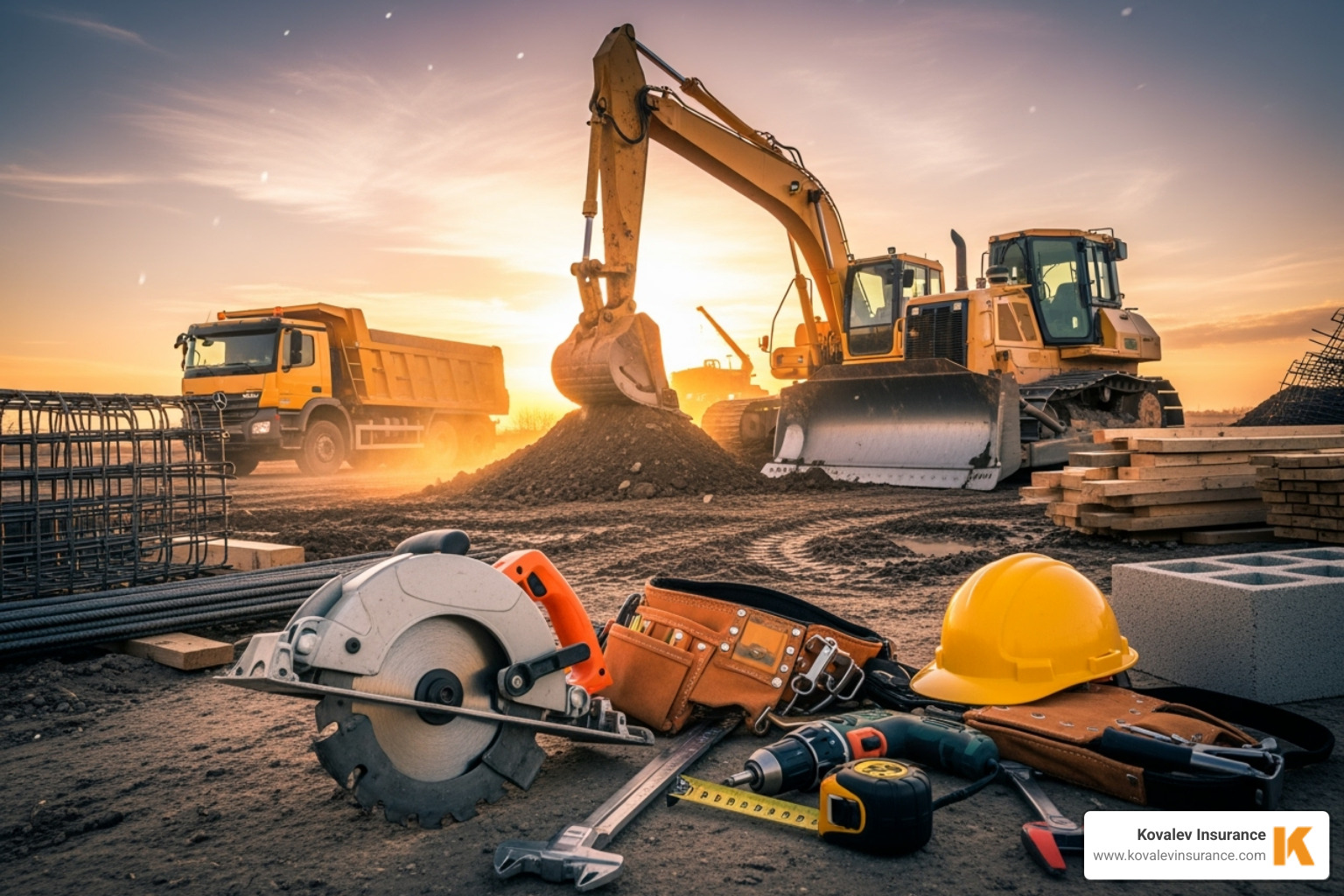 construction scene and equipmen at sunset - contractors insurance in massachusetts concept