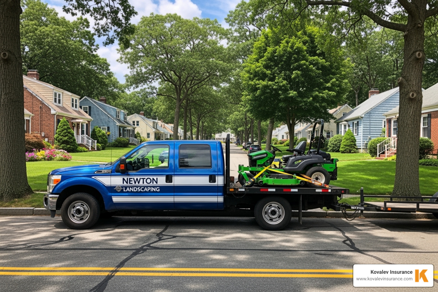 Image of a landscaping truck with a mower in a suburban Newton, MA neighborhood - contractors equipment floater
