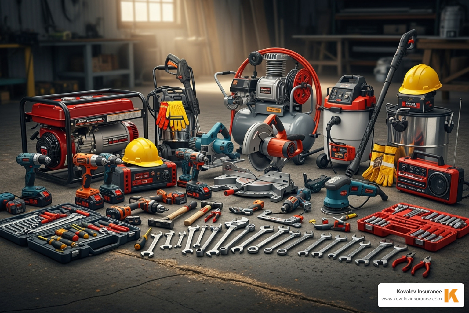 Image of a variety of tools, from small hand tools to larger items like generators and compressors - contractors equipment floater