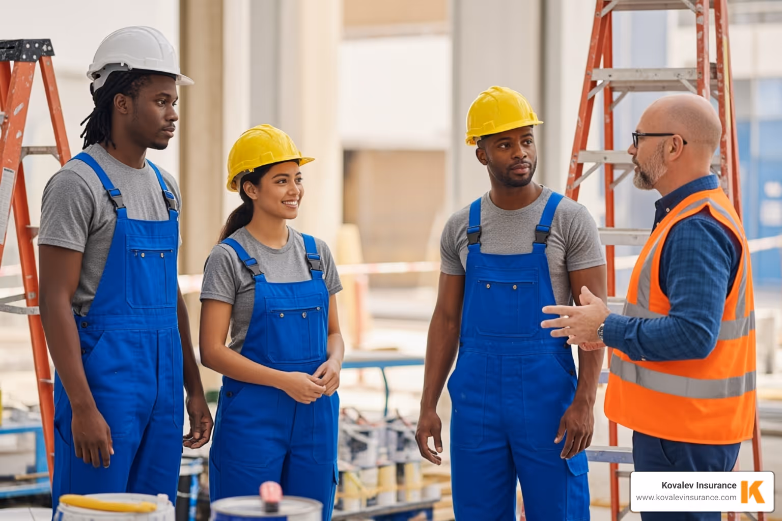team of painters having a safety meeting on a job site - liability insurance for painting company