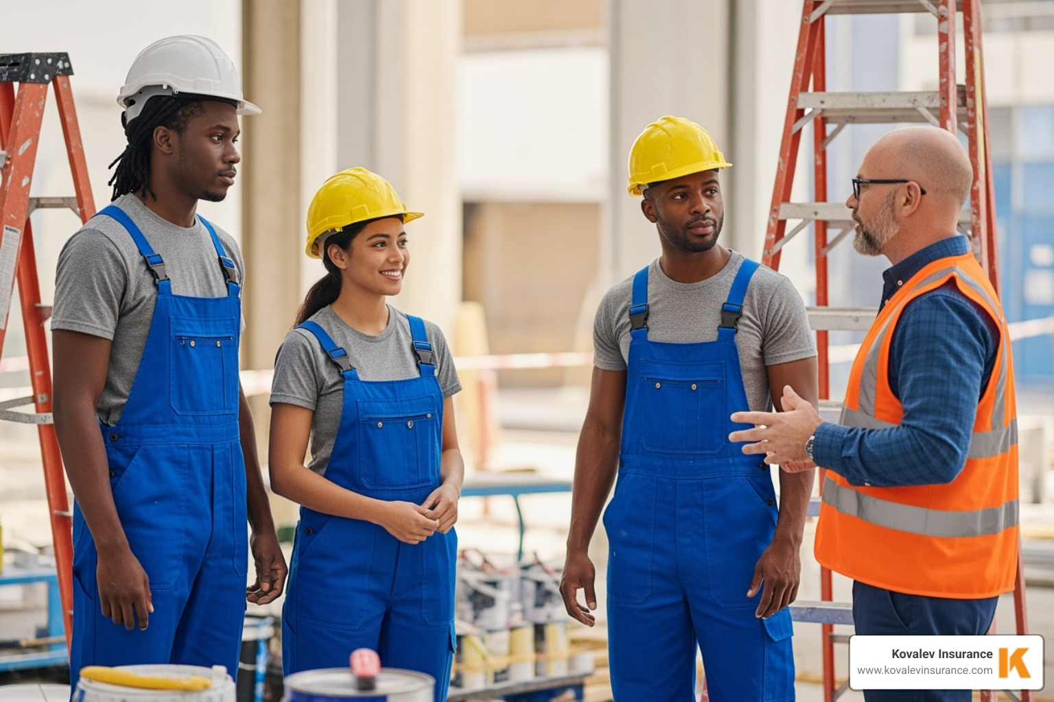 team of painters having a safety meeting on a job site - liability insurance for painting company