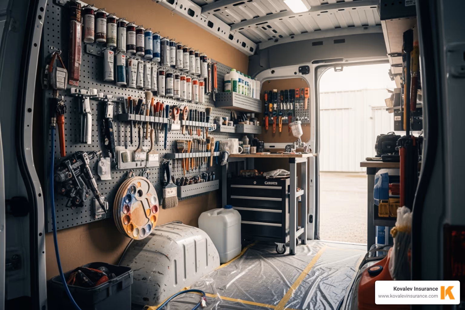 painter's work van with tools and equipment neatly organized - liability insurance for painting company