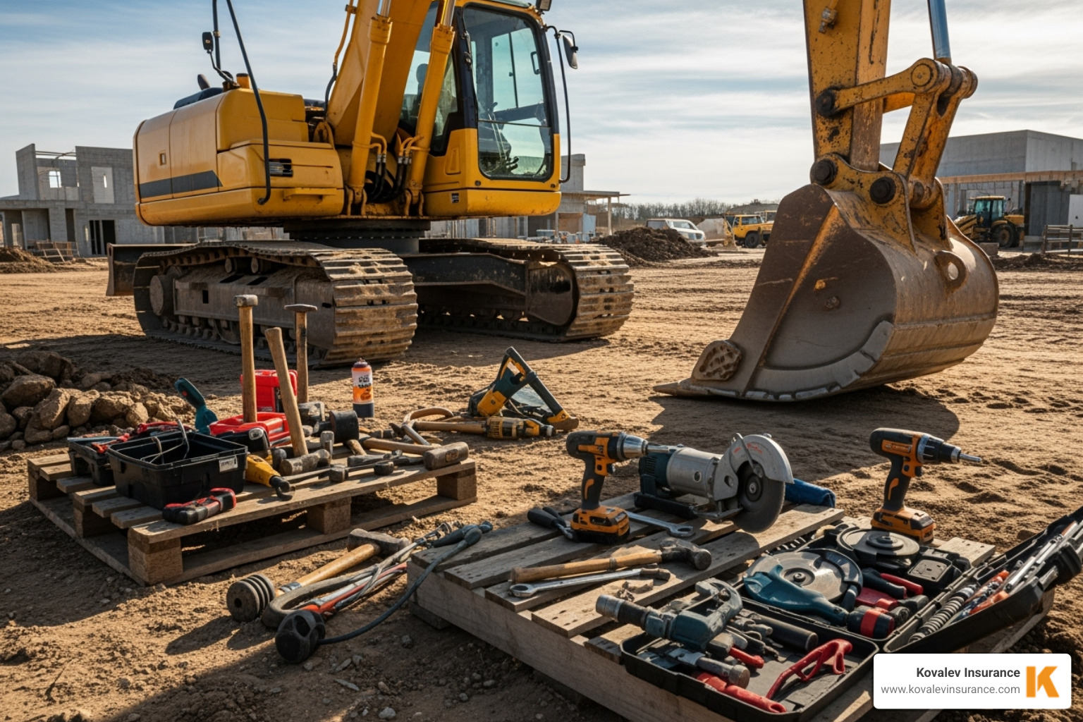 Image of construction equipment like an excavator and tools on a job site - contractors all risk insurance quote